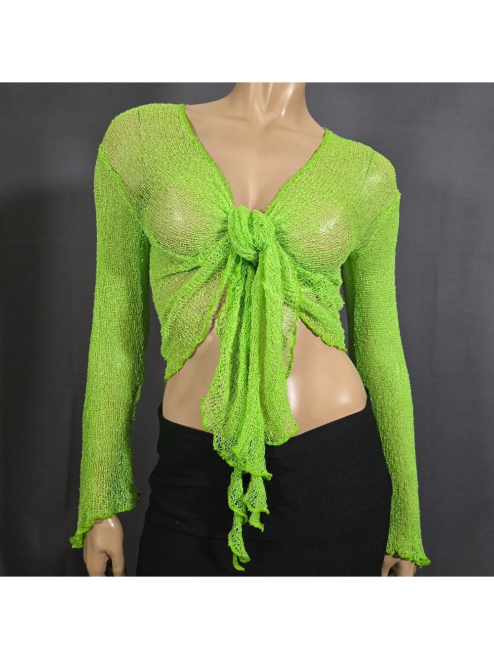 Vintage Y2K Neon Green Shrug Cardigan Bel sleeves Tie Front Mesh Knit One Size